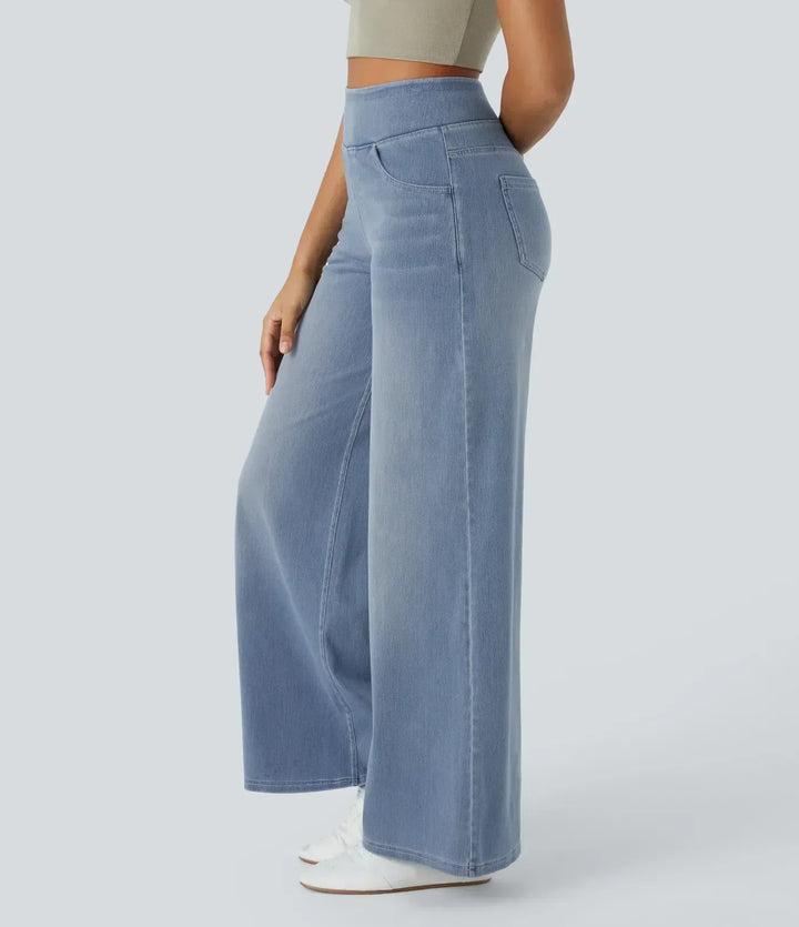 Trendy hoge taille broek met elastische band en ademende stretchstof, geschikt voor zowel dagelijks comfort als stijlvolle ou