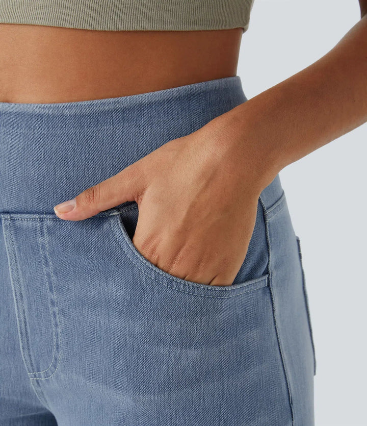 Trendy hoge taille broek met elastische band en ademende stretchstof, geschikt voor zowel dagelijks comfort als stijlvolle ou