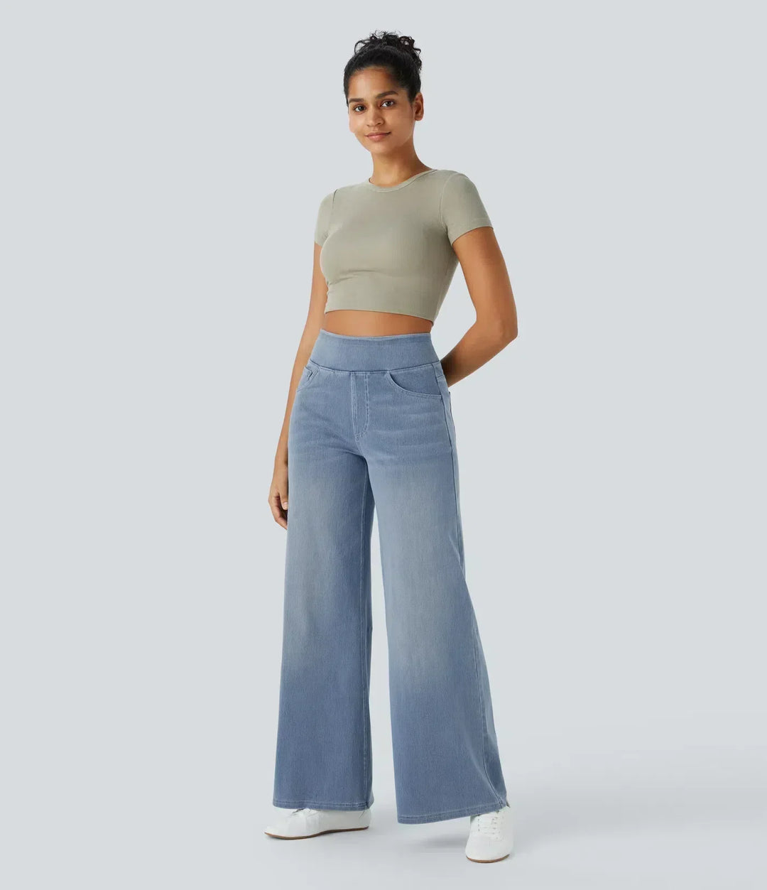 Trendy hoge taille broek met elastische band en ademende stretchstof, geschikt voor zowel dagelijks comfort als stijlvolle ou