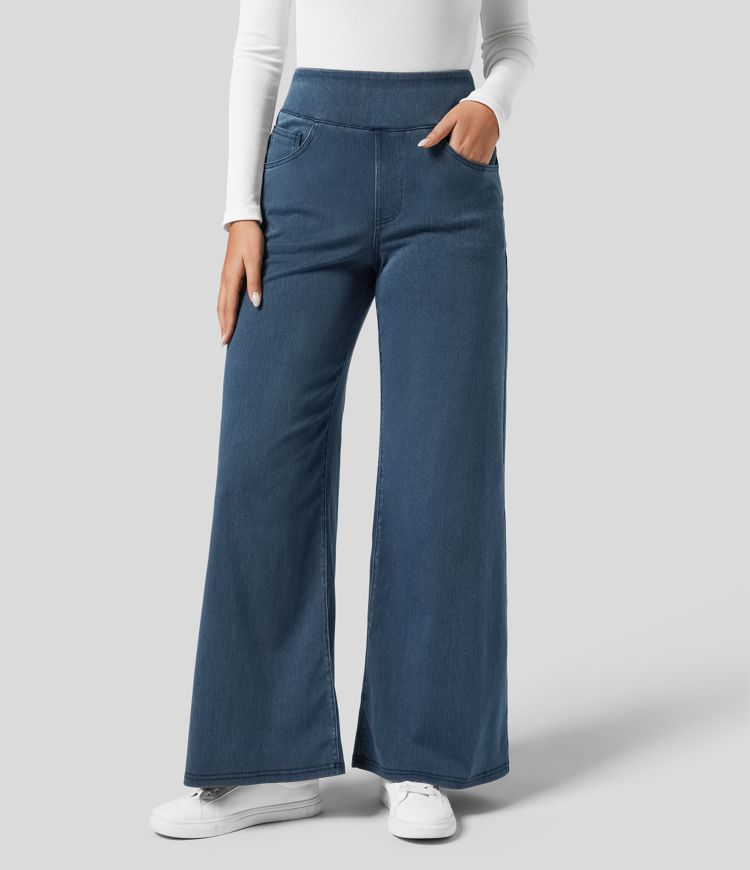Trendy hoge taille broek met elastische band en ademende stretchstof, geschikt voor zowel dagelijks comfort als stijlvolle ou