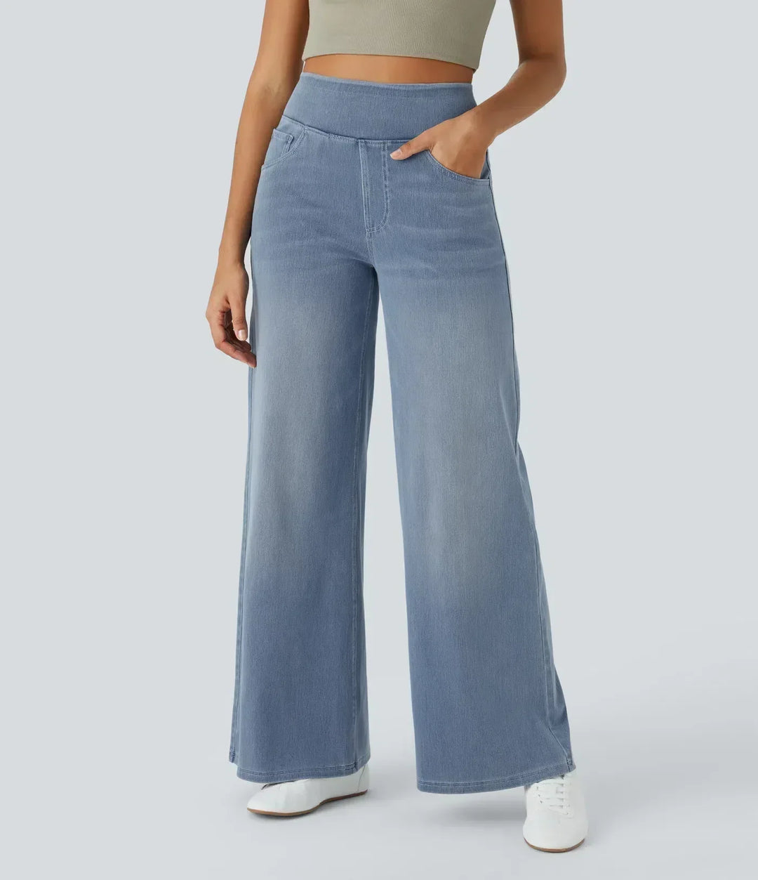 Trendy hoge taille broek met elastische band en ademende stretchstof, geschikt voor zowel dagelijks comfort als stijlvolle ou