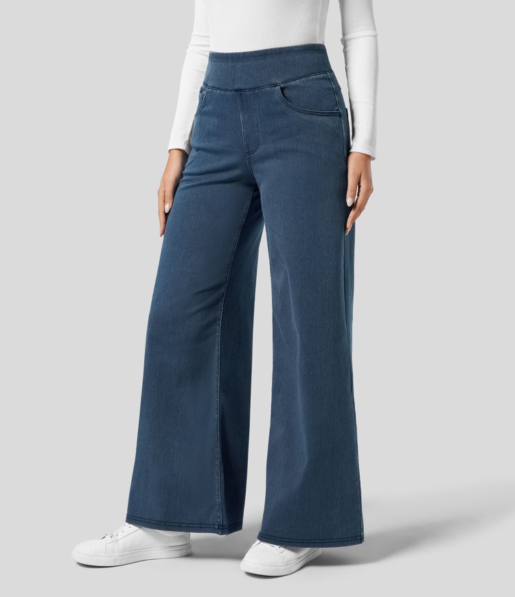Trendy hoge taille broek met elastische band en ademende stretchstof, geschikt voor zowel dagelijks comfort als stijlvolle ou