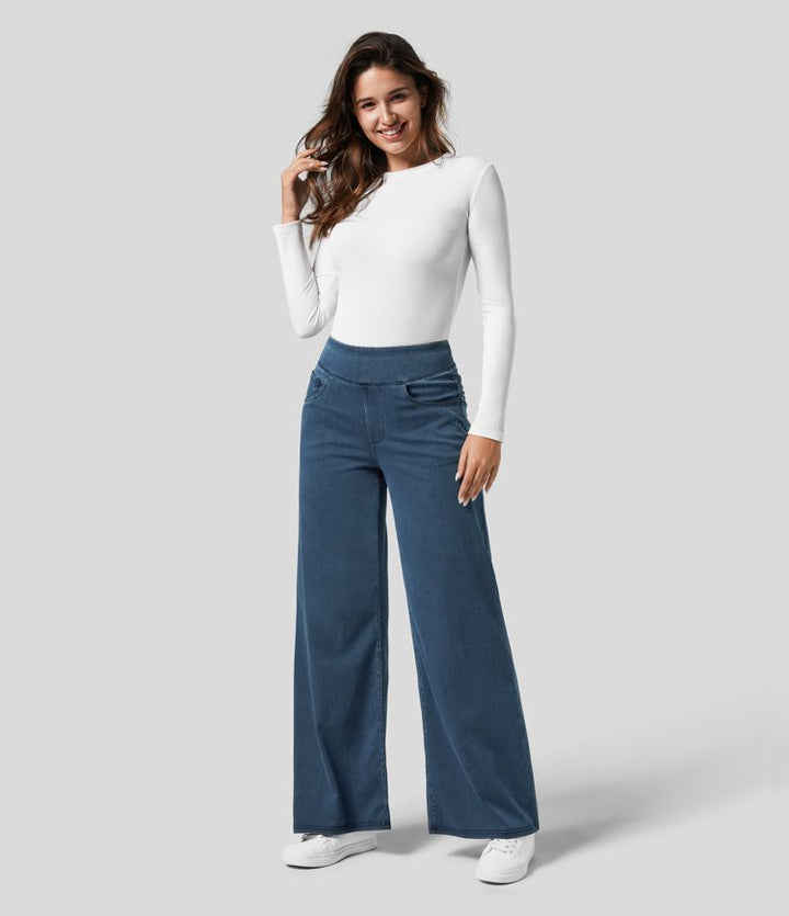 Trendy hoge taille broek met elastische band en ademende stretchstof, geschikt voor zowel dagelijks comfort als stijlvolle ou
