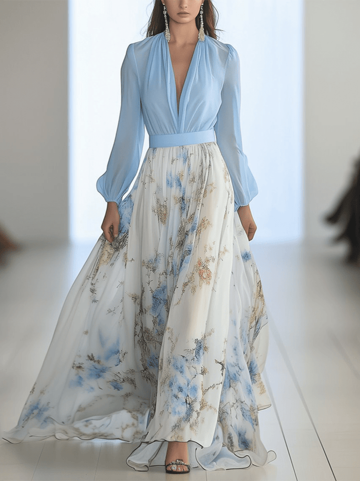 Trendy lange chiffon jurk met V-hals en bloemenprint, elegant en zwierig ideaal voor speciale gelegenheden.