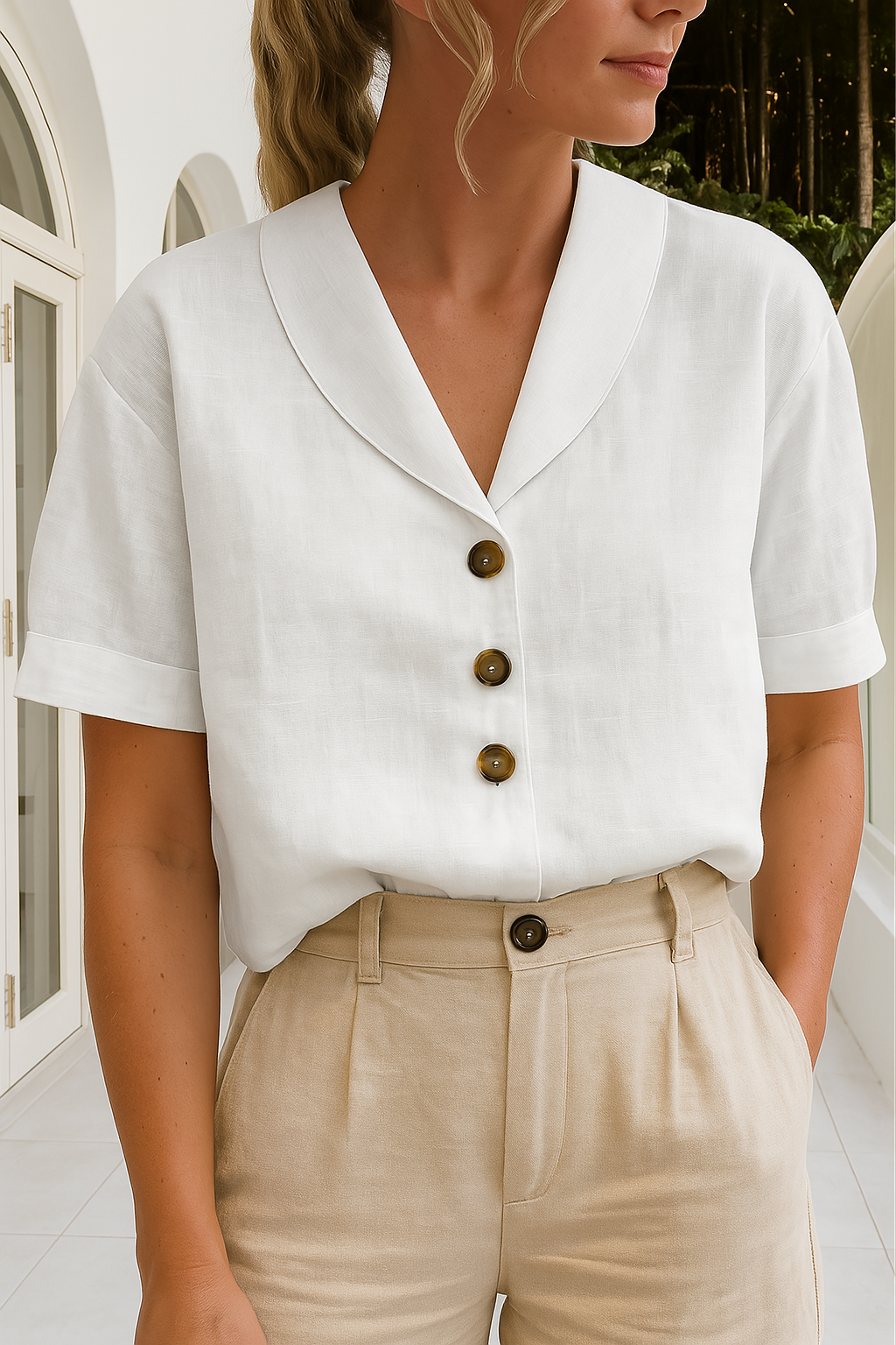 Trendy vrouwelijk T-shirt van katoen en linnen, regular fit, subtiele knopen en envelophals, perfect voor casual lentelook.