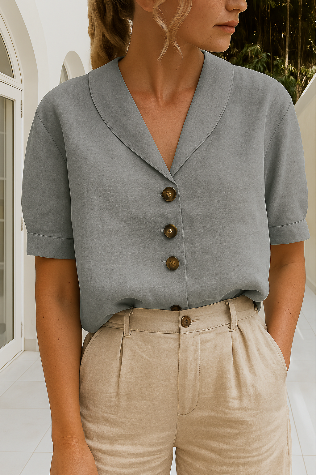 Trendy vrouwelijk T-shirt van katoen en linnen, regular fit, subtiele knopen en envelophals, perfect voor casual lentelook.