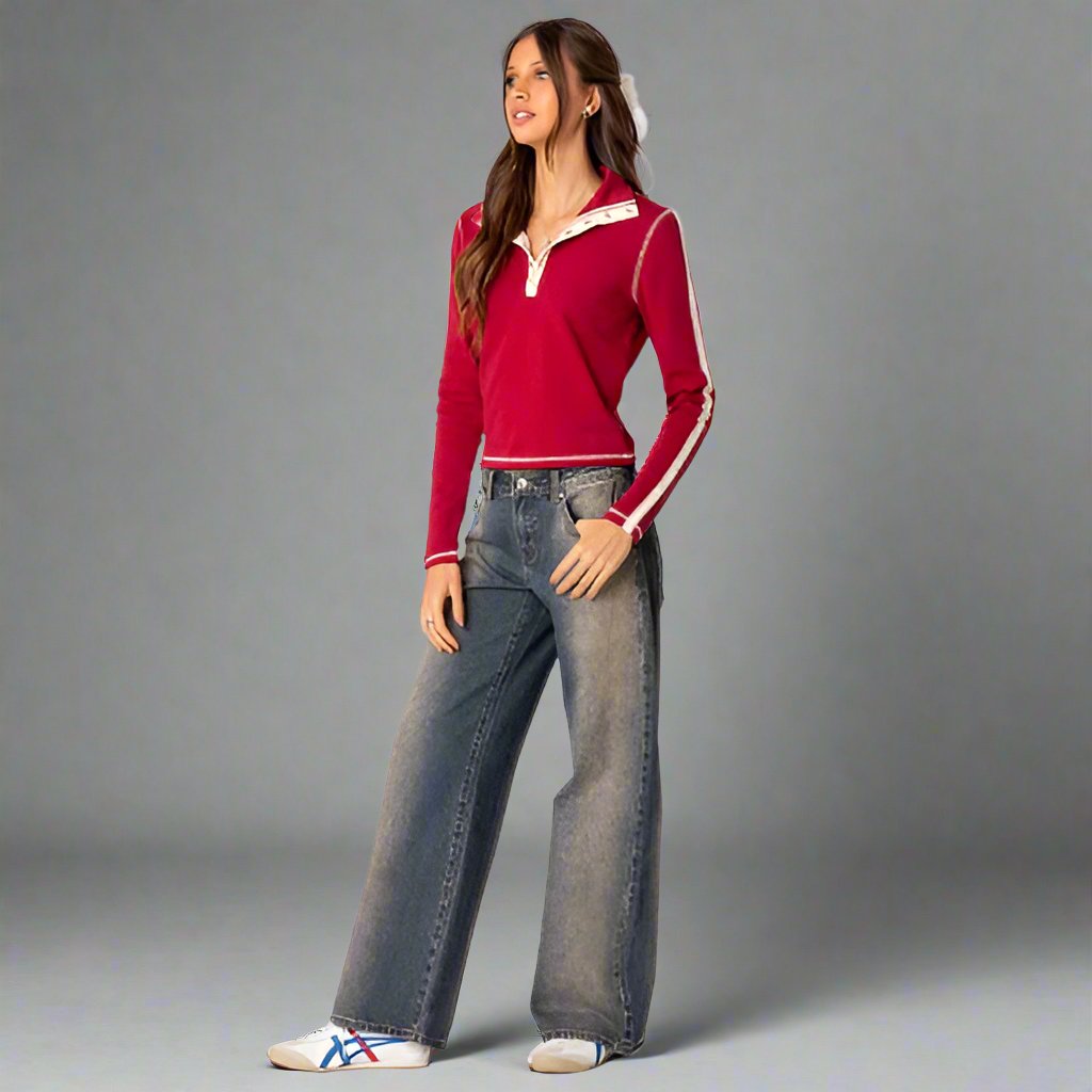 "Trendy Y2K low-rise jeans dames, blauw-wit, slank silhouet en 5-pocket design met stretchdenim voor optimaal comfort."