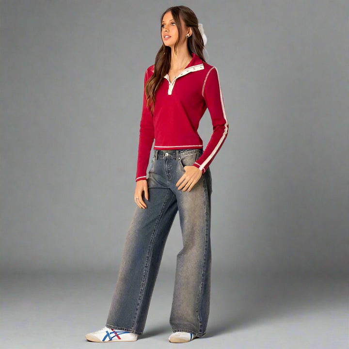 "Trendy Y2K low-rise jeans dames, blauw-wit, slank silhouet en 5-pocket design met stretchdenim voor optimaal comfort."