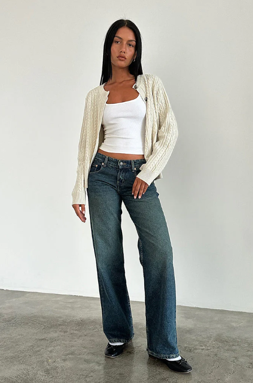 "Trendy Y2K low-rise jeans dames, blauw-wit, slank silhouet en 5-pocket design met stretchdenim voor optimaal comfort."