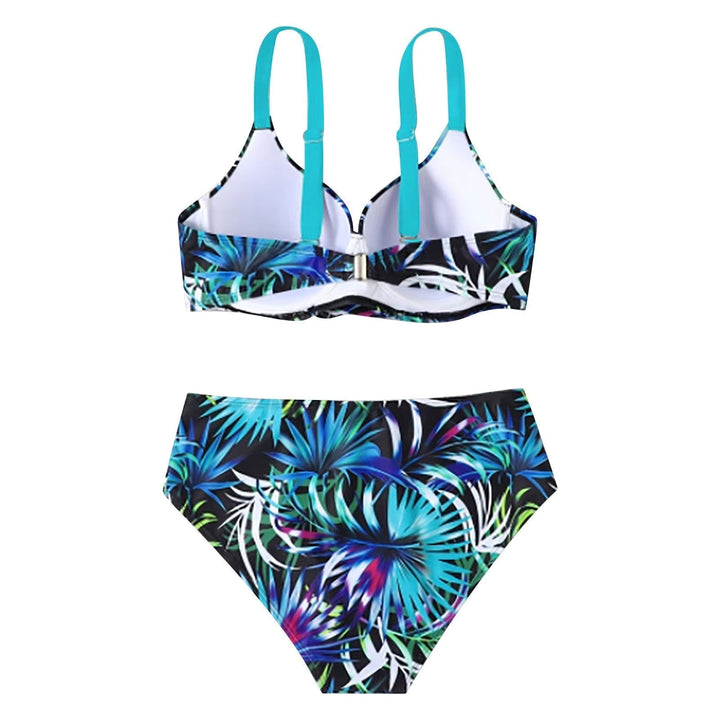 "Tropische high-waist bikini met levendig patroon, flatterende pasvorm, verstelbare bandjes, ideaal voor zonnige stranddagen.