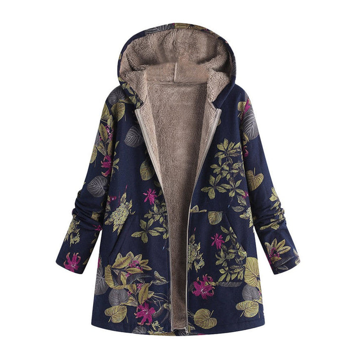 "Tussenjas Dames met bloemenprint en pluche voering, stijlvol vintage ontwerp met praktische zakken voor dagelijks gebruik."