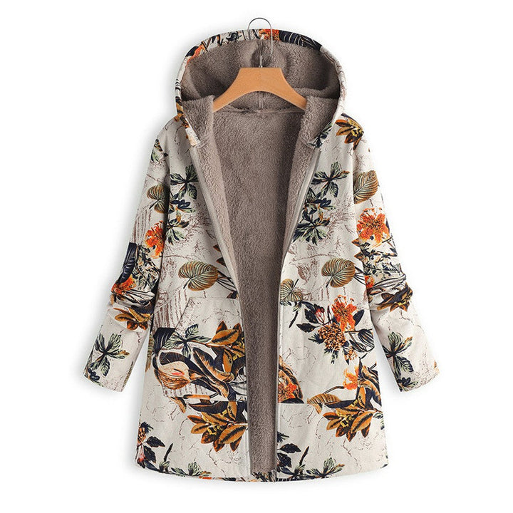 "Tussenjas Dames met bloemenprint en pluche voering, stijlvol vintage ontwerp met praktische zakken voor dagelijks gebruik."