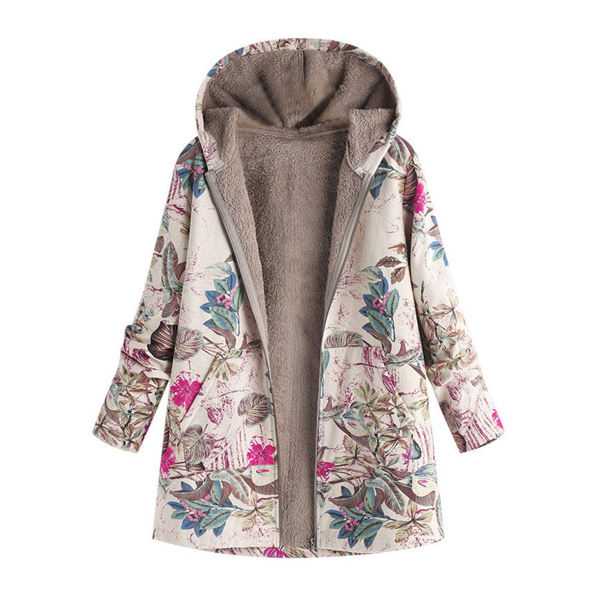 "Tussenjas Dames met bloemenprint en pluche voering, stijlvol vintage ontwerp met praktische zakken voor dagelijks gebruik."