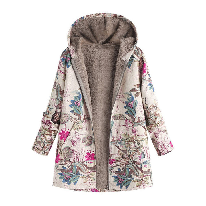 "Tussenjas Dames met bloemenprint en pluche voering, stijlvol vintage ontwerp met praktische zakken voor dagelijks gebruik."