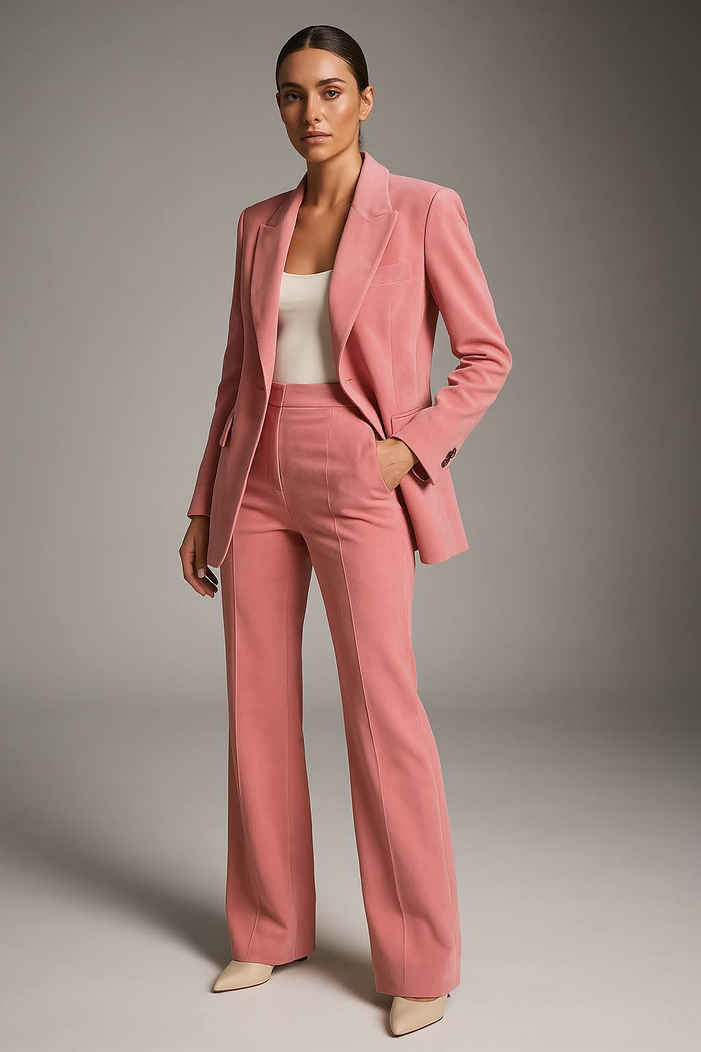 "Tweedelig blazer en pantalon set, elegant met V-hals, moderne slanke look, stijlvol voor werk of formele gelegenheden."