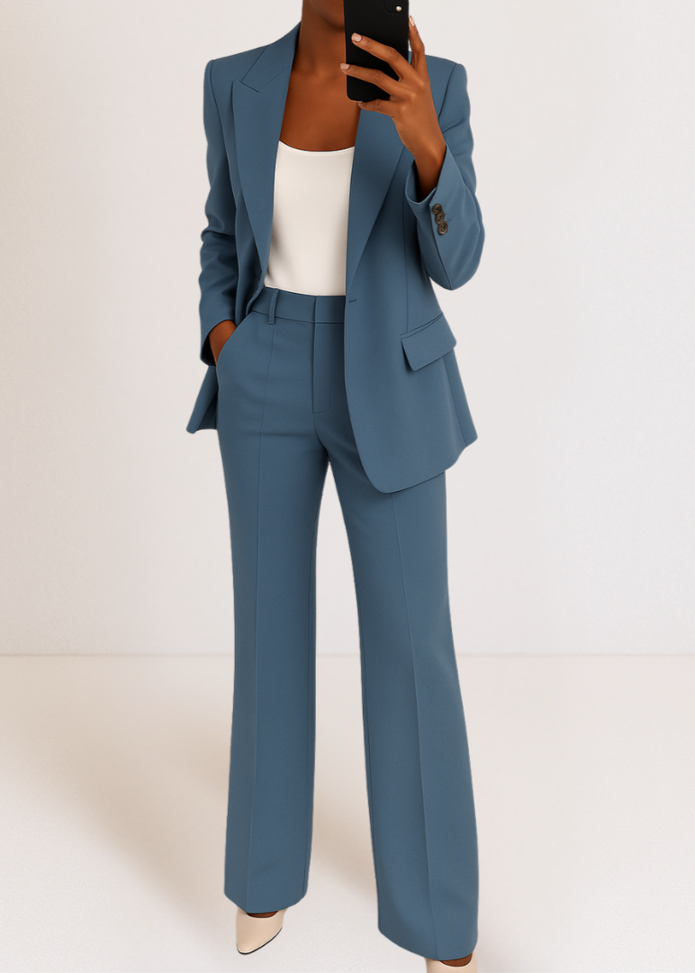 "Tweedelig dames broekpak met tailored blazer en rechte broek, polyester-viscose mix, elegante zakelijke look"