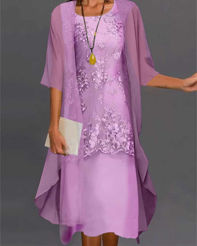 "Tweedelige chiffon jurk met 3/4-mouwen en patchworkdetails, elegante vloeiende pasvorm van L tot 5XL."