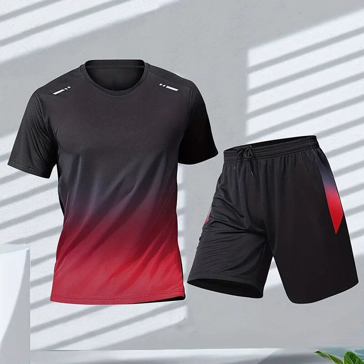 Tweedelige heren sportset met dynamisch kleurverloop, sportief shirt en korte broek, stijlvol en functioneel voor elke man.