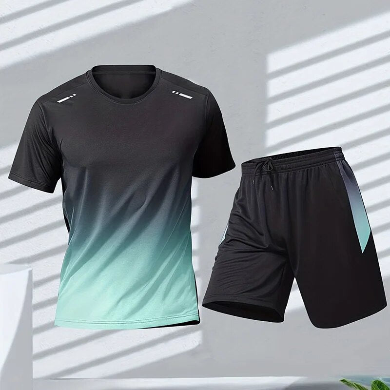 Tweedelige heren sportset met dynamisch kleurverloop, sportief shirt en korte broek, stijlvol en functioneel voor elke man.
