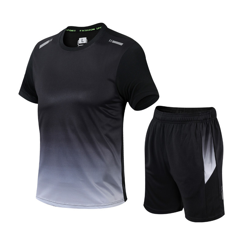 Tweedelige heren sportset met dynamisch kleurverloop, sportief shirt en korte broek, stijlvol en functioneel voor elke man.