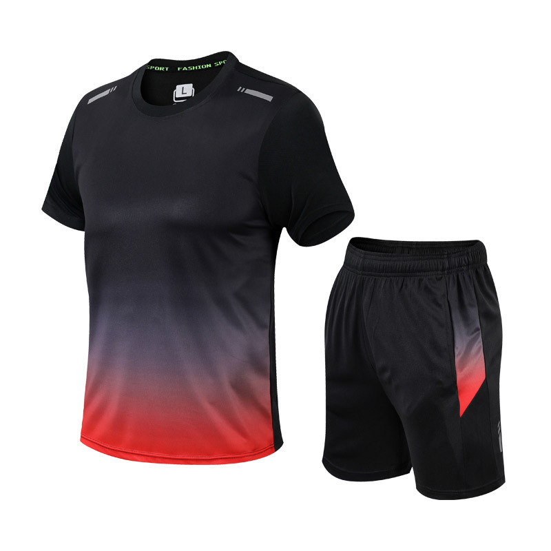 Tweedelige heren sportset met dynamisch kleurverloop, sportief shirt en korte broek, stijlvol en functioneel voor elke man.