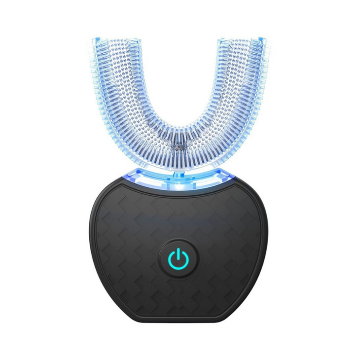"U-vormige elektrische tandenborstel met ultrasone technologie, voor 360° reiniging, ergonomisch en modern ontwerp."