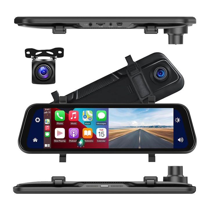 "Ultra HD spiegel dashcam, zwart, met groot 9.66” touchscreen, CarPlay & Android Auto, voor- en achtercamera's."