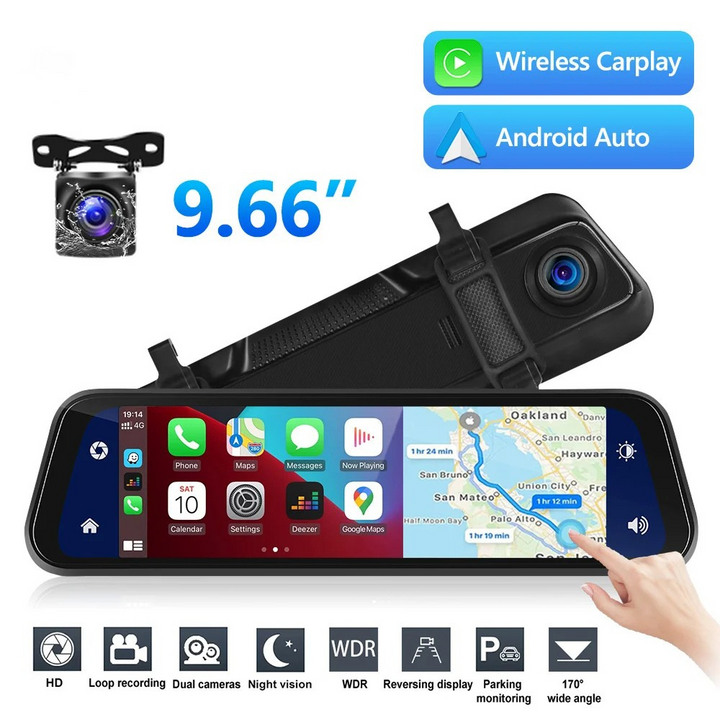 "Ultra HD spiegel dashcam, zwart, met groot 9.66” touchscreen, CarPlay & Android Auto, voor- en achtercamera's."