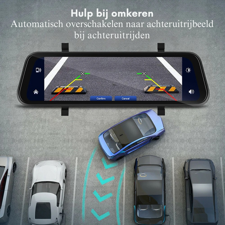 "Ultra HD spiegel dashcam, zwart, met groot 9.66” touchscreen, CarPlay & Android Auto, voor- en achtercamera's."