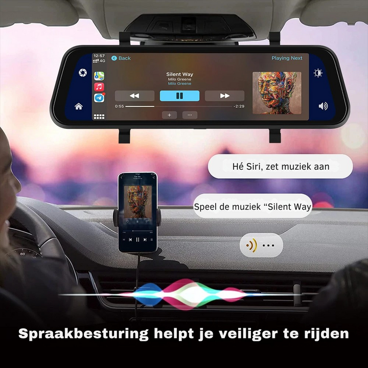 "Ultra HD spiegel dashcam, zwart, met groot 9.66” touchscreen, CarPlay & Android Auto, voor- en achtercamera's."