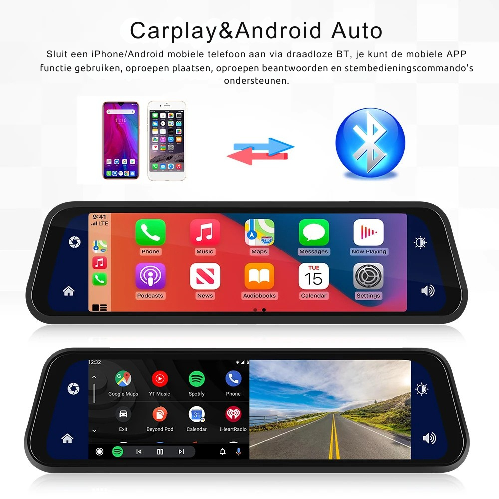 "Ultra HD spiegel dashcam, zwart, met groot 9.66” touchscreen, CarPlay & Android Auto, voor- en achtercamera's."