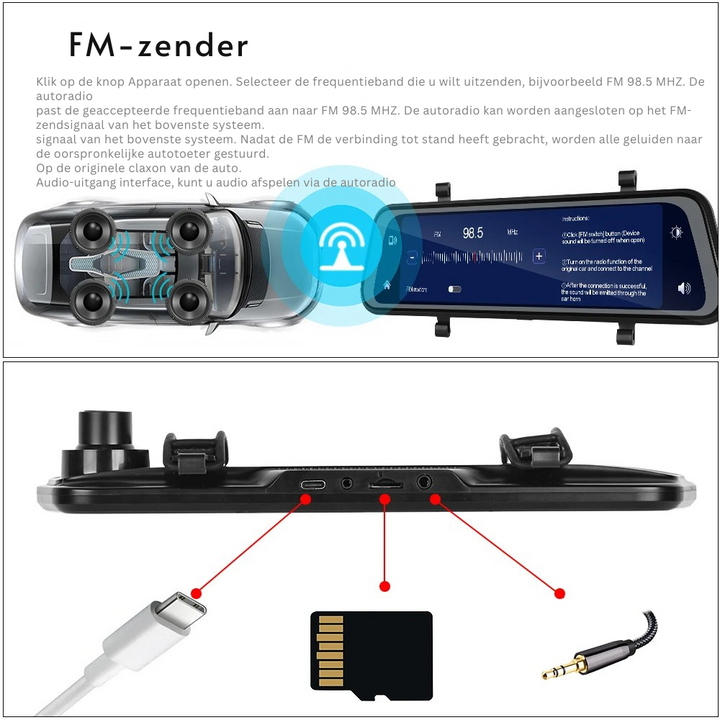 "Ultra HD spiegel dashcam, zwart, met groot 9.66” touchscreen, CarPlay & Android Auto, voor- en achtercamera's."