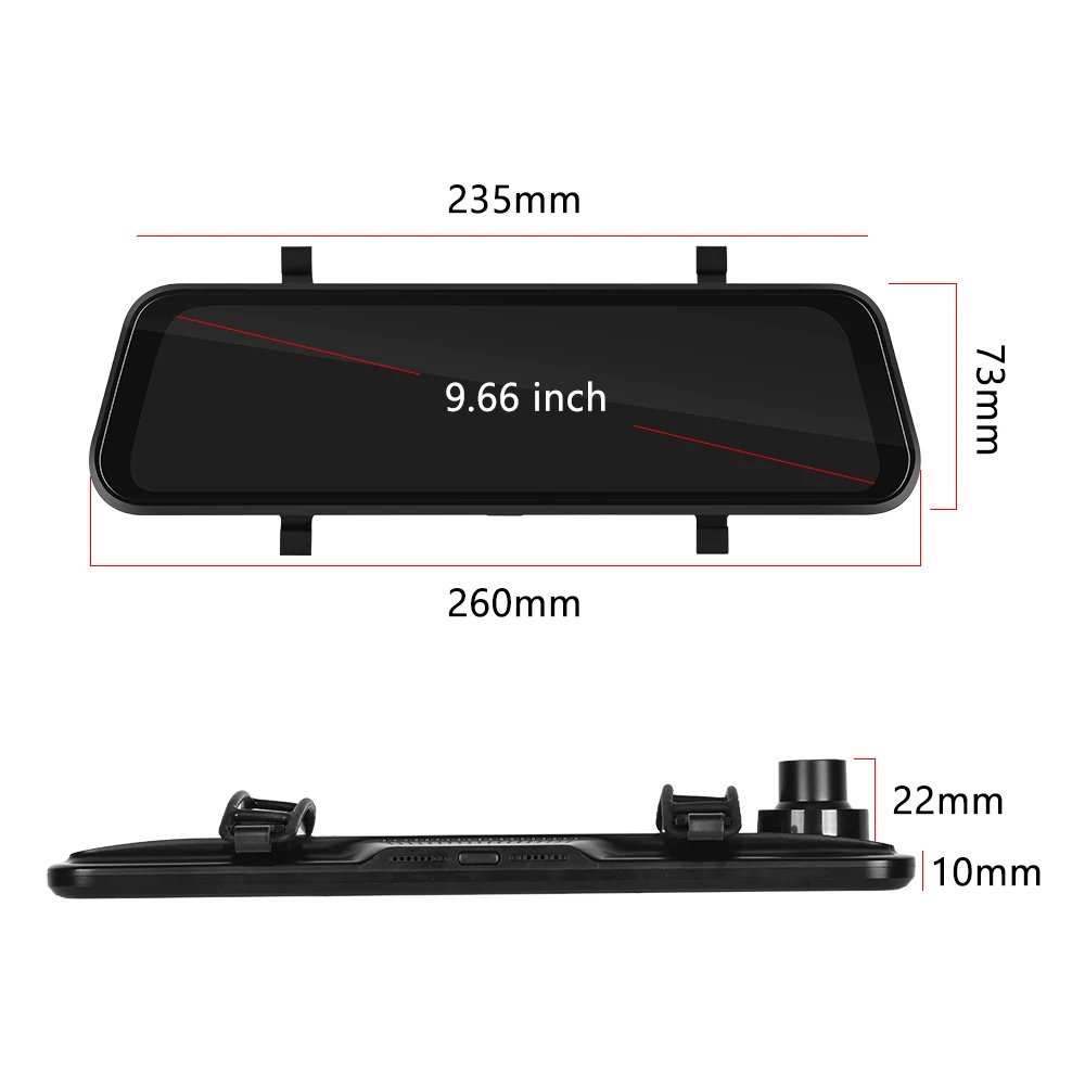 "Ultra HD spiegel dashcam, zwart, met groot 9.66” touchscreen, CarPlay & Android Auto, voor- en achtercamera's."