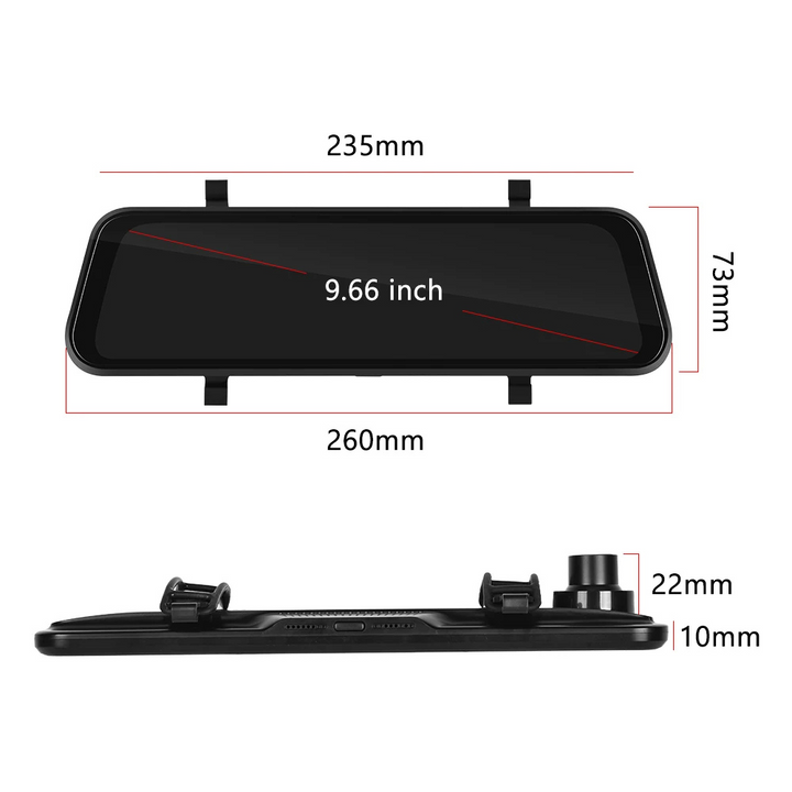 "Ultra HD spiegel dashcam, zwart, met groot 9.66” touchscreen, CarPlay & Android Auto, voor- en achtercamera's."
