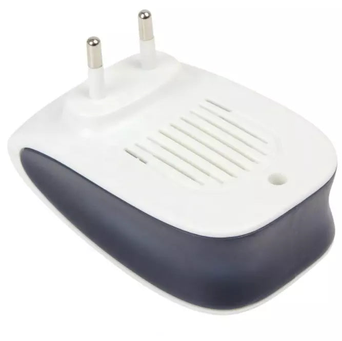 "Ultrasonische ongediertebestrijder met blauwe LED-indicator, plug-in ontwerp, geschikt voor thuisgebruik."