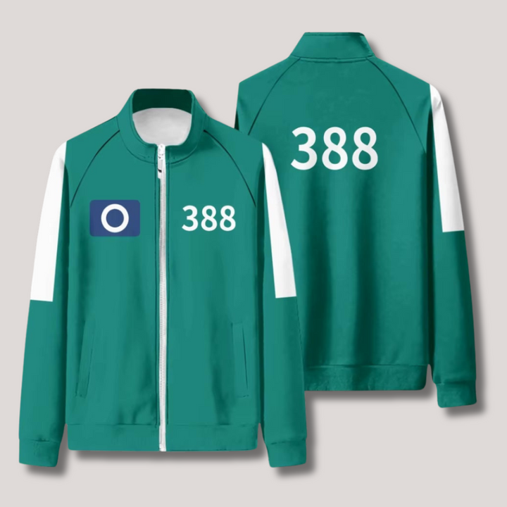 "Uniek Squid Game trainingspak, rood met capuchon en broek, comfortabele pasvorm, ideaal voor fans en cosplay."