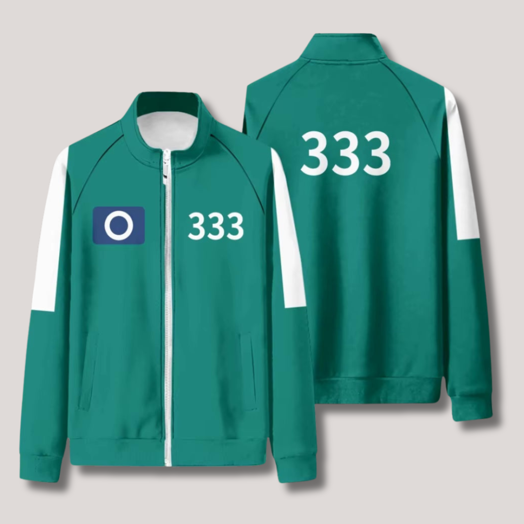 "Uniek Squid Game trainingspak, rood met capuchon en broek, comfortabele pasvorm, ideaal voor fans en cosplay."