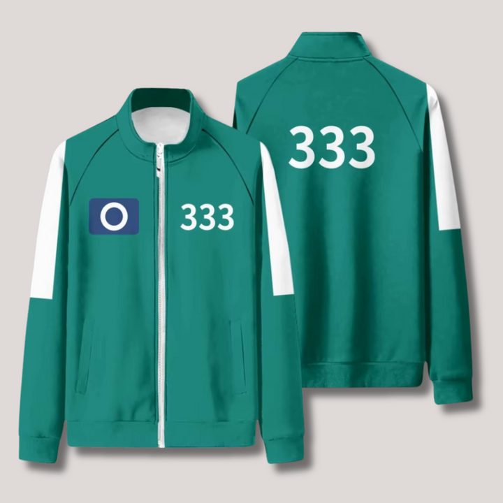 "Uniek Squid Game trainingspak, rood met capuchon en broek, comfortabele pasvorm, ideaal voor fans en cosplay."