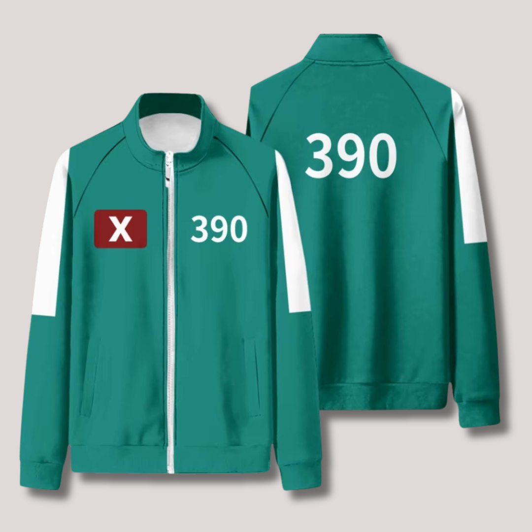 "Uniek Squid Game trainingspak, rood met capuchon en broek, comfortabele pasvorm, ideaal voor fans en cosplay."