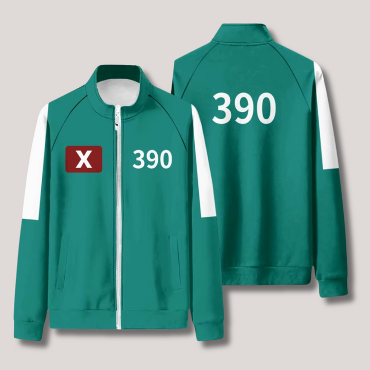 "Uniek Squid Game trainingspak, rood met capuchon en broek, comfortabele pasvorm, ideaal voor fans en cosplay."