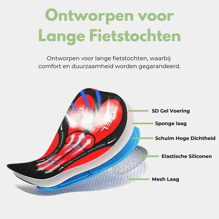 "Unisex gel gevoerde fietsonderbroek met ademende stof en schokabsorberende elementen voor optimaal fietscomfort."
