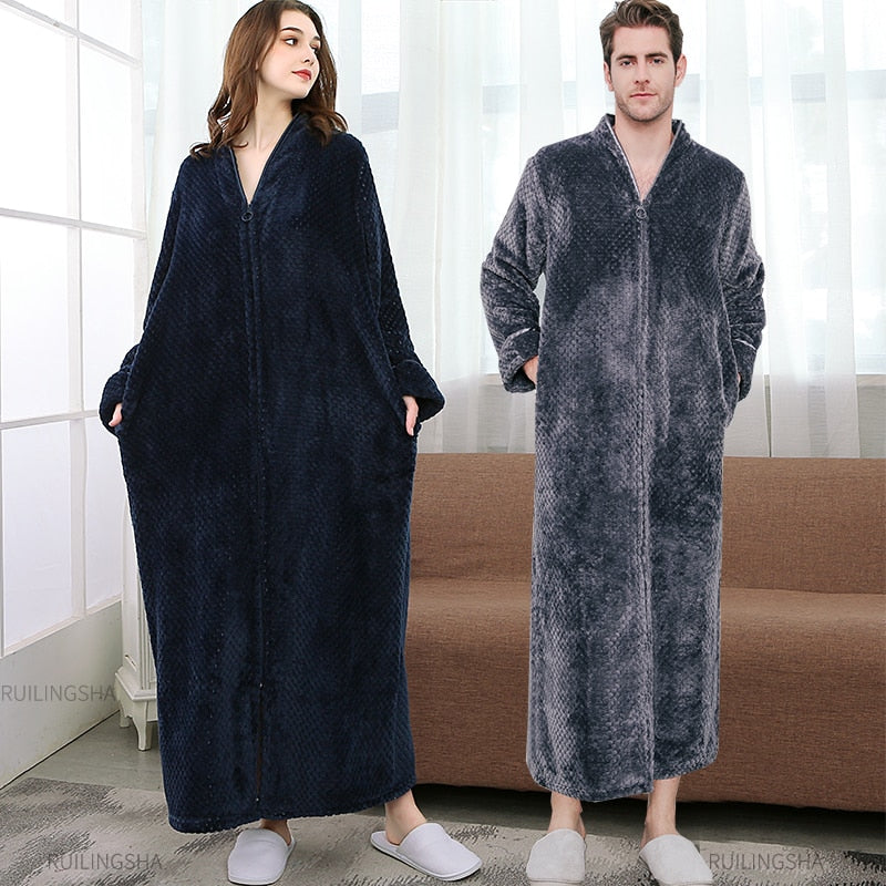"Unisex thermo badjas met rits, lange mouwen en zakken, warm en comfortabel, ideaal voor koude dagen thuis."
