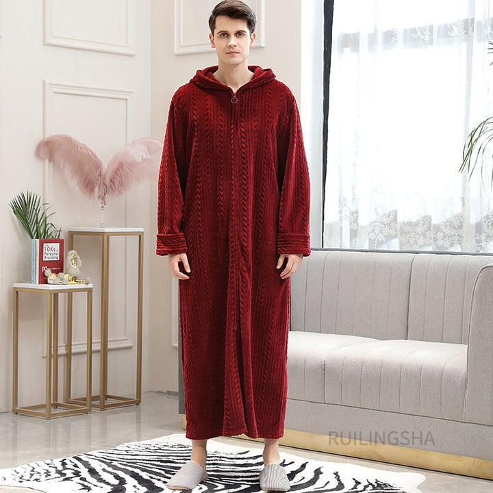 "Unisex thermo badjas met rits, lange mouwen en zakken, warm en comfortabel, ideaal voor koude dagen thuis."
