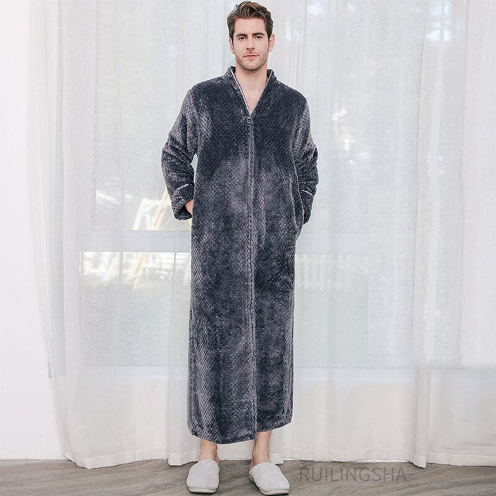 "Unisex thermo badjas met rits, lange mouwen en zakken, warm en comfortabel, ideaal voor koude dagen thuis."
