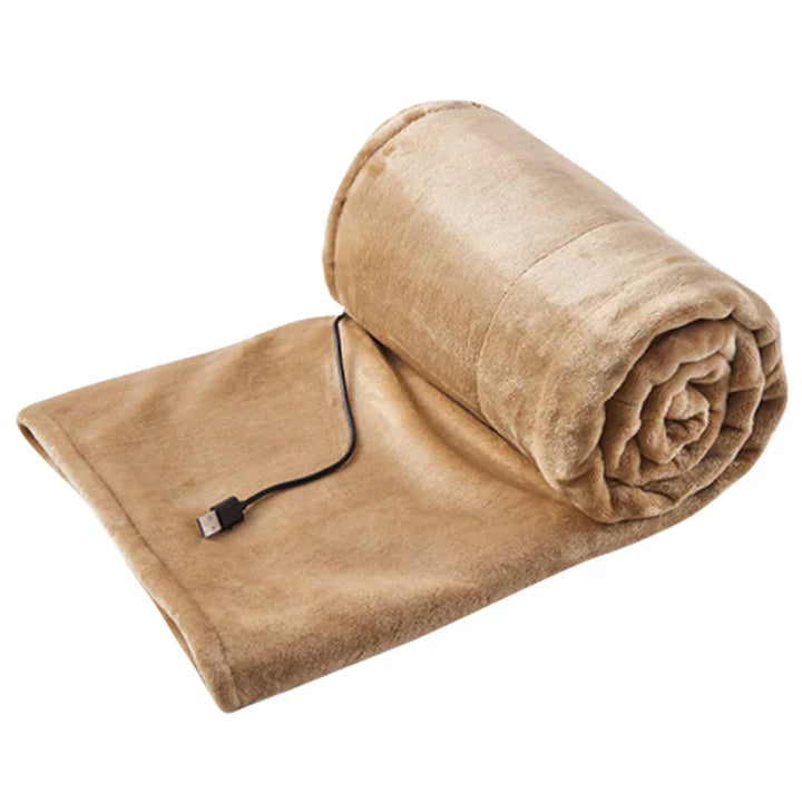 "USB elektrische deken, ultra-zacht, pastelkleuren roze, geel, grijs. Ideaal thuis/kantoor, 3 warmte-instellingen."