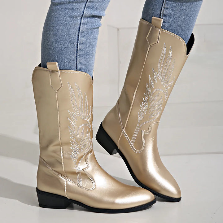 "Vegan cowboylaarzen voor dames, geborduurd design, stoer, zacht gevoerd, slipbestendige zool, trendy western look"