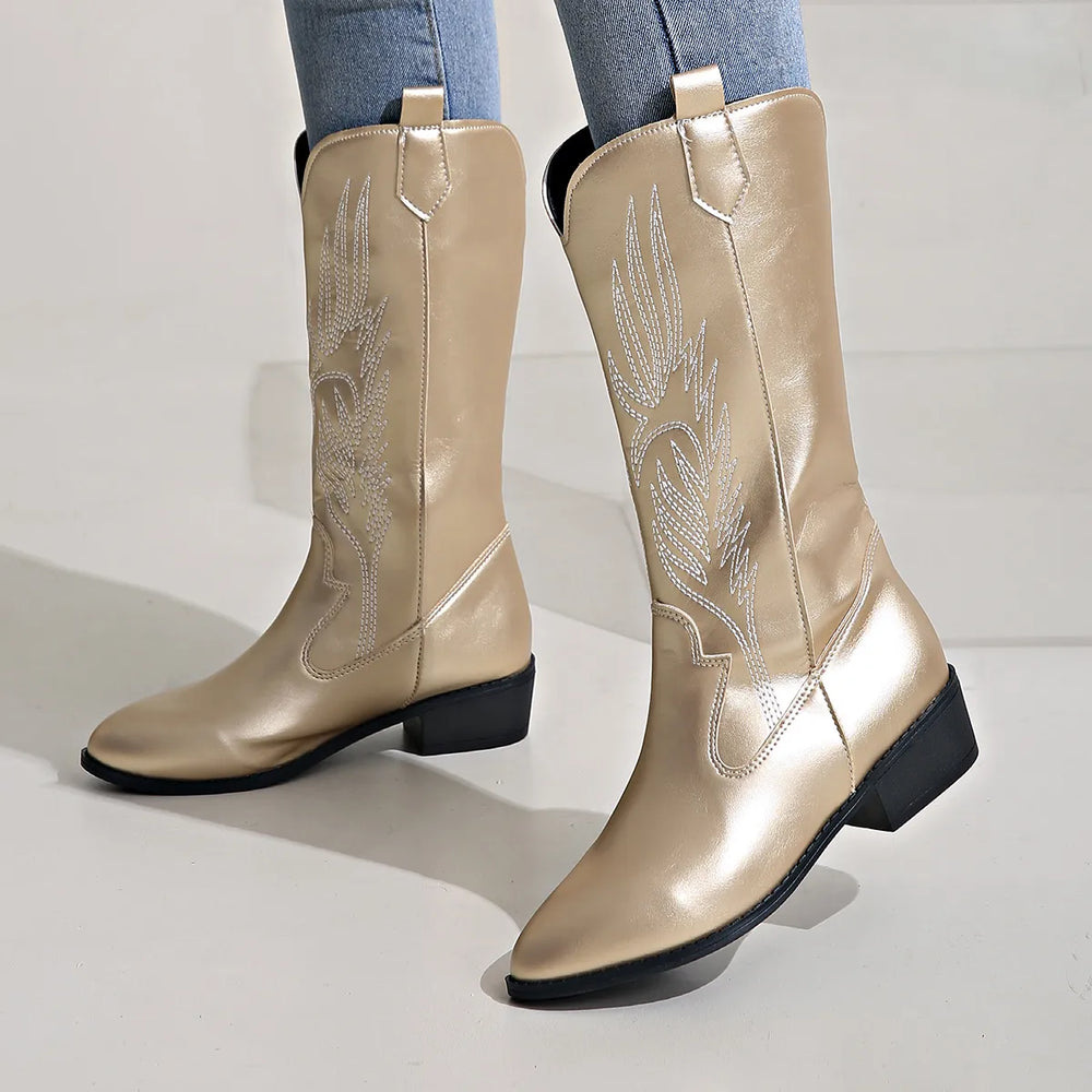 "Vegan cowboylaarzen voor dames, geborduurd design, stoer, zacht gevoerd, slipbestendige zool, trendy western look"