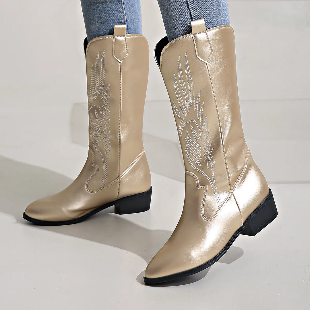 "Vegan cowboylaarzen voor dames, geborduurd design, stoer, zacht gevoerd, slipbestendige zool, trendy western look"
