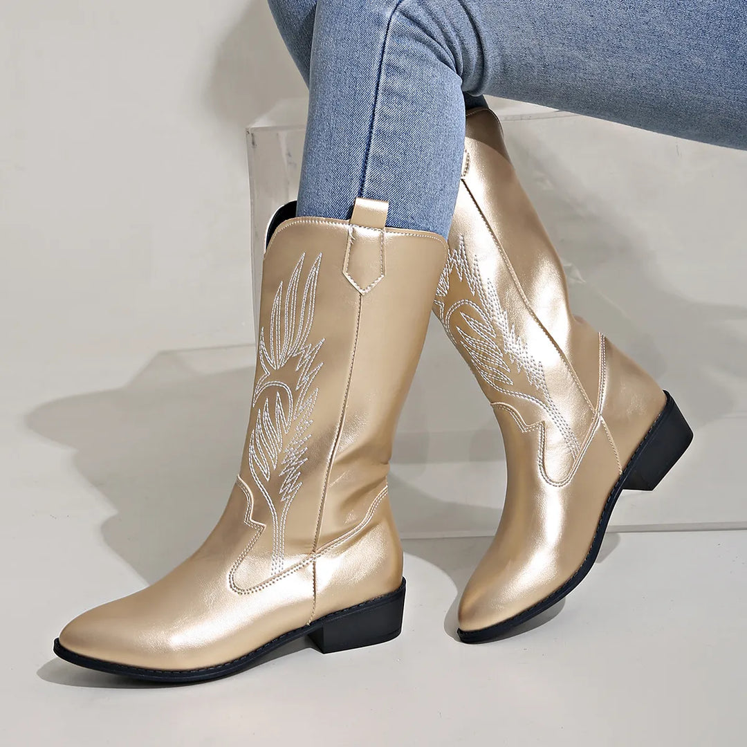 "Vegan cowboylaarzen voor dames, geborduurd design, stoer, zacht gevoerd, slipbestendige zool, trendy western look"
