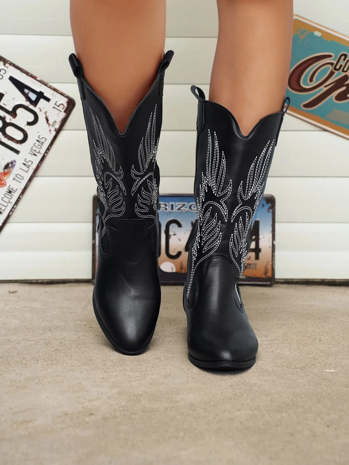 "Vegan cowboylaarzen voor dames, geborduurd design, stoer, zacht gevoerd, slipbestendige zool, trendy western look"